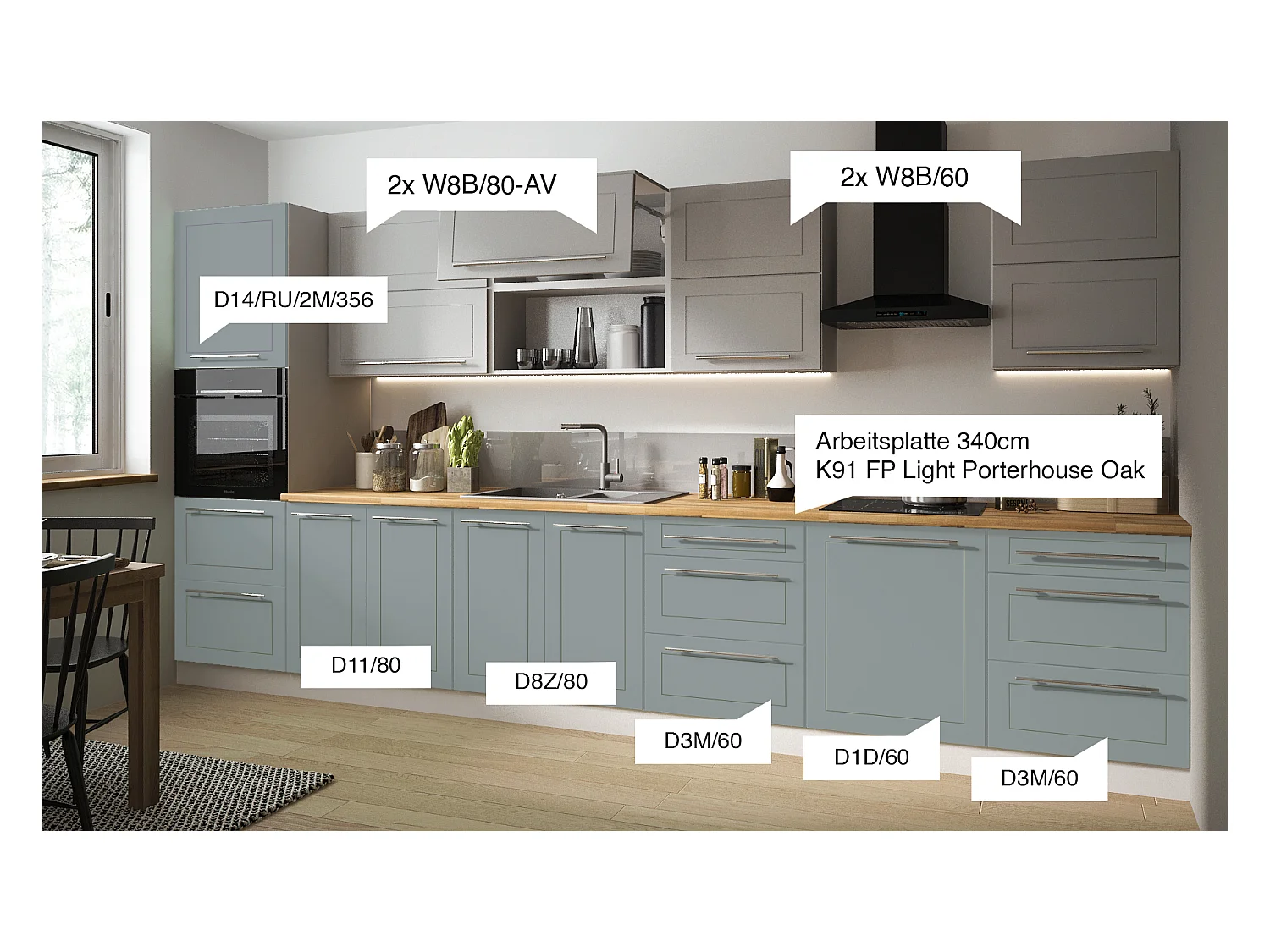 KÜCHENLEERBLOCK Kvantum Grau / Dust Grey / Mint 400 / 60 / 207cm 11-teilig