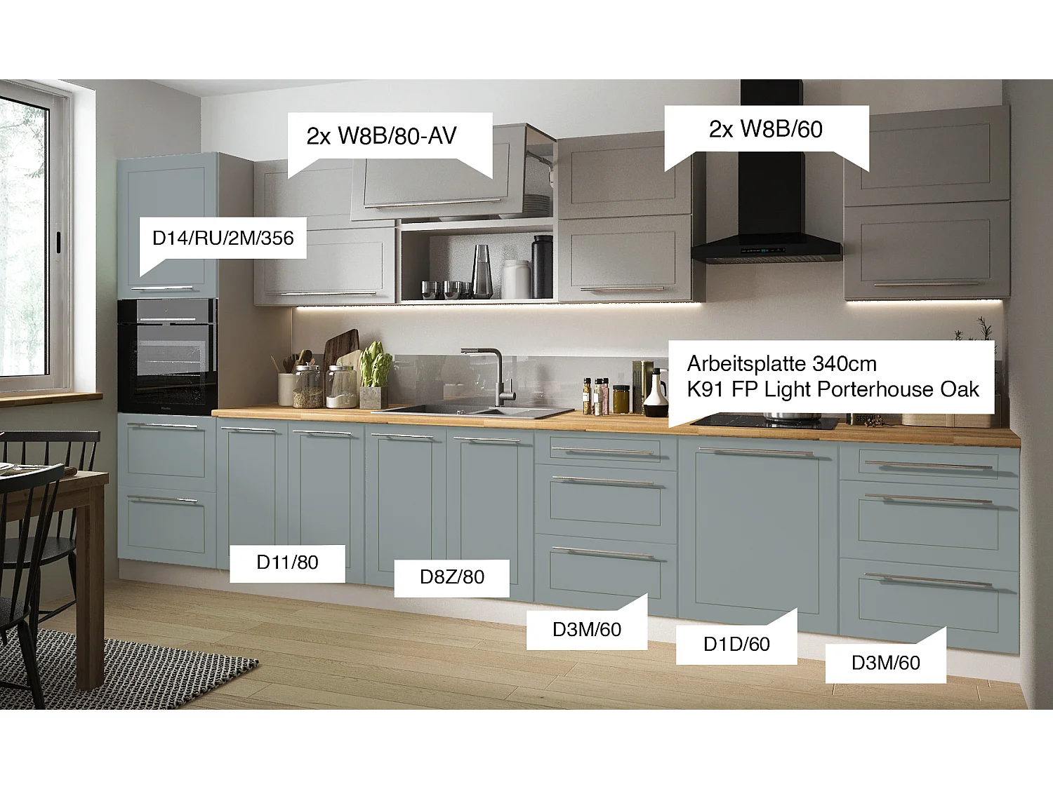 KÜCHENLEERBLOCK Kvantum Grau / Dust Grey / Mint 400 / 60 / 207cm 11-teilig