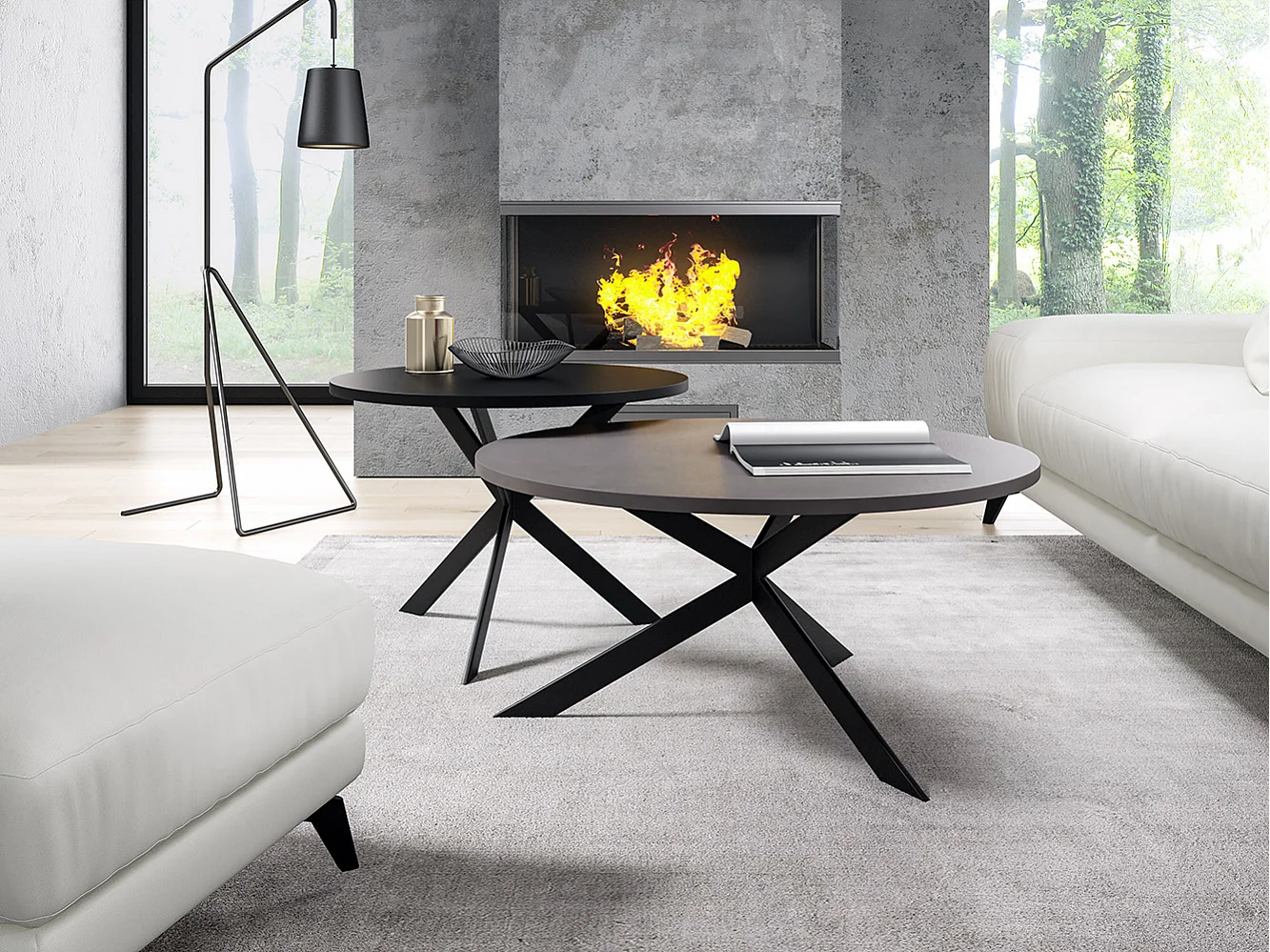 COUCHTISCH Libre Chicago Concrete Dunkelgrau / Schwarz (2er-Set)