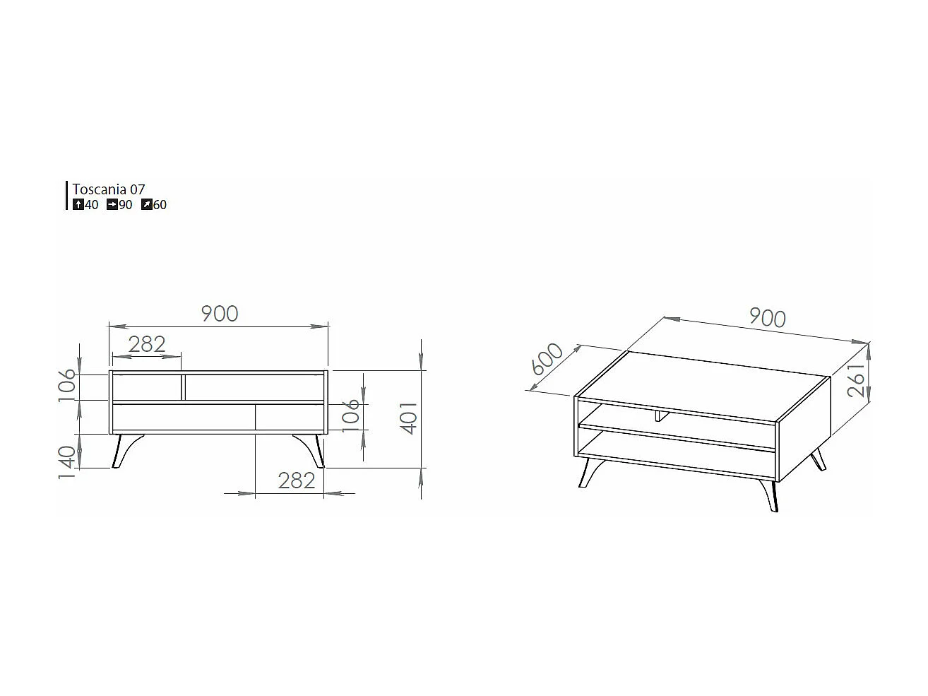 COUCHTISCH Toscania Eiche / Schwarz 90 / 60 / 40cm