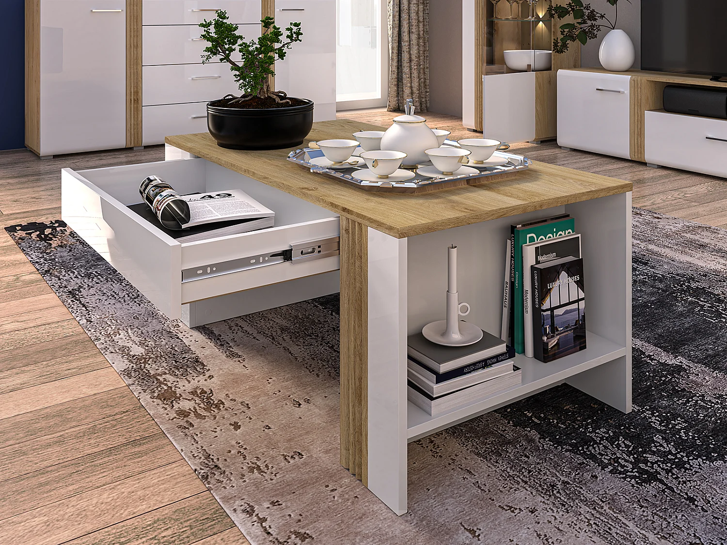 COUCHTISCH Adagio weiß Hochglanz / Eiche castello 109 / 60 / 48cm