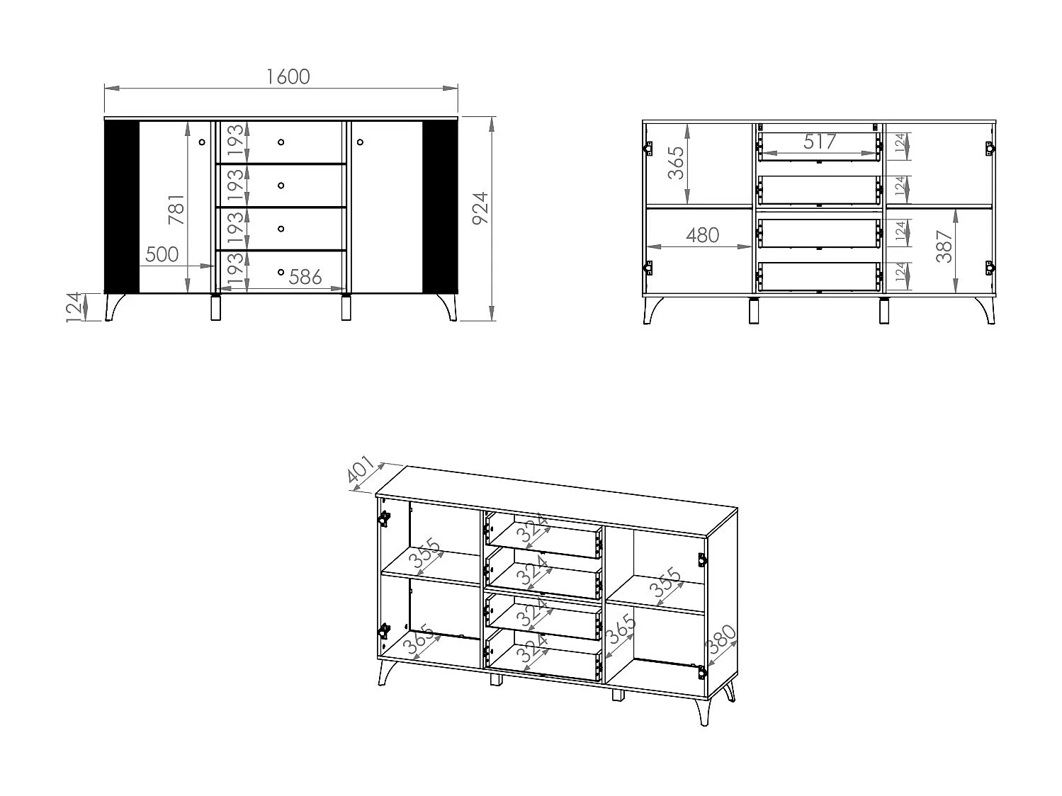 SIDEBOARD Villa weiß Hochglanz / weiß 160 / 40 / 92cm