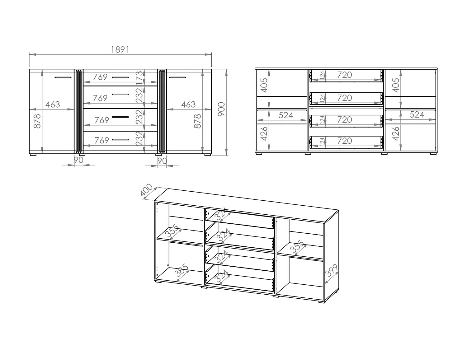 SIDEBOARD Adagio weiß Hochglanz / Eiche castello 190 / 42 / 90cm