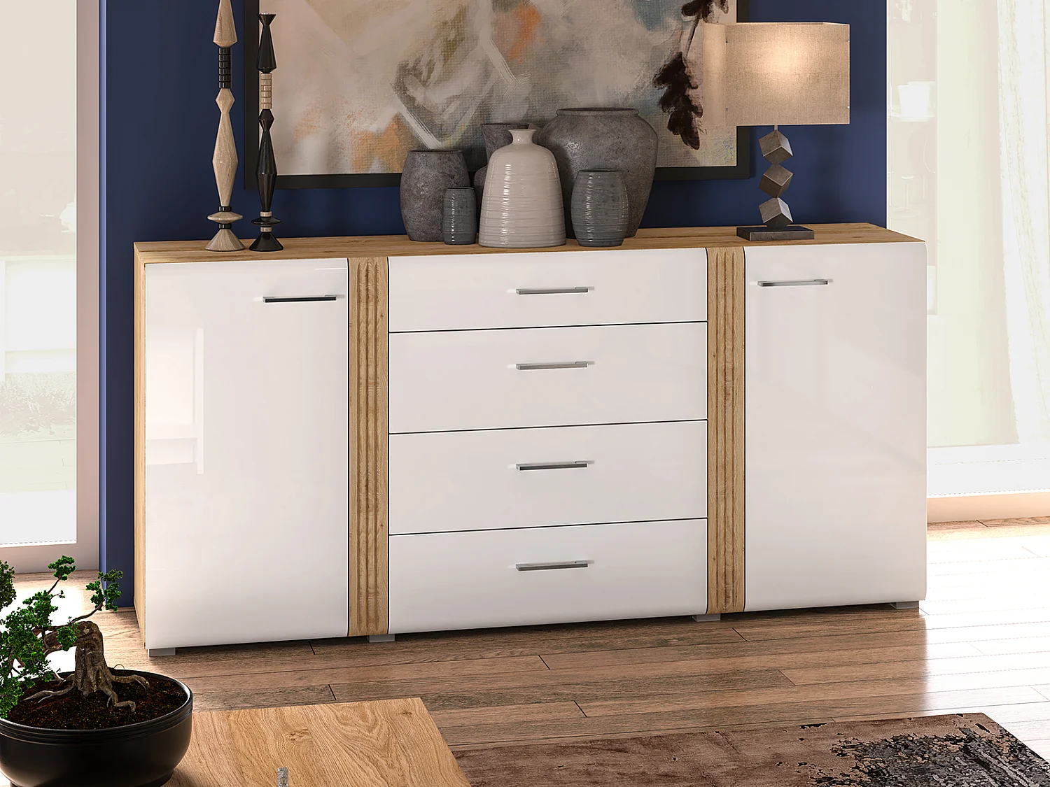 SIDEBOARD Adagio weiß Hochglanz / Eiche castello 190 / 42 / 90cm