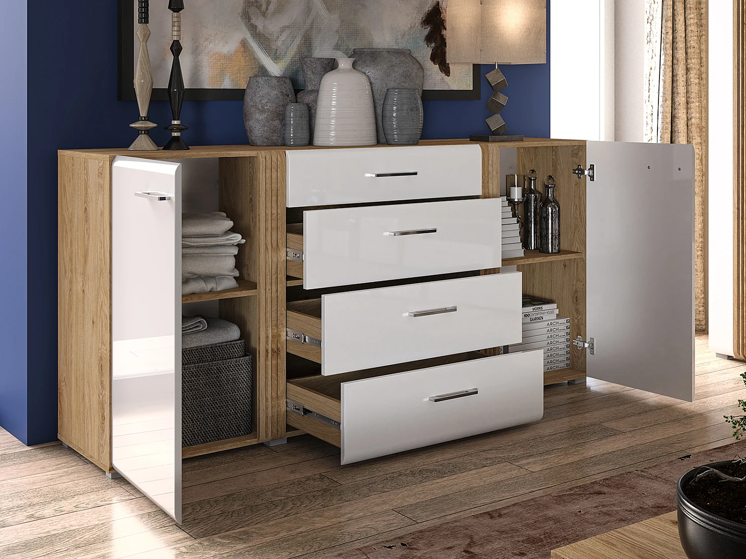 SIDEBOARD Adagio weiß Hochglanz / Eiche castello 190 / 42 / 90cm