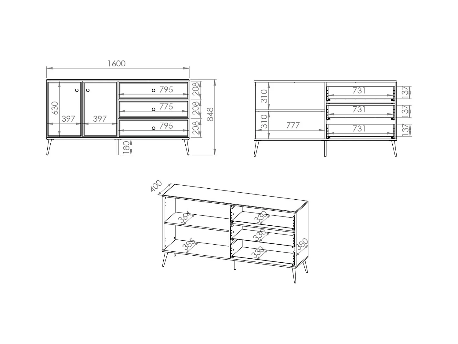 SIDEBOARD Goldin weiß / weiß hochglanz / gold 160 / 40 / 85cm