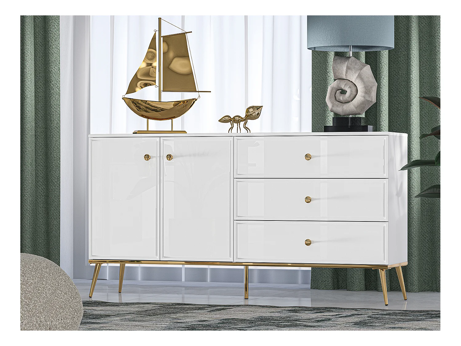 SIDEBOARD Goldin weiß / weiß hochglanz / gold 160 / 40 / 85cm