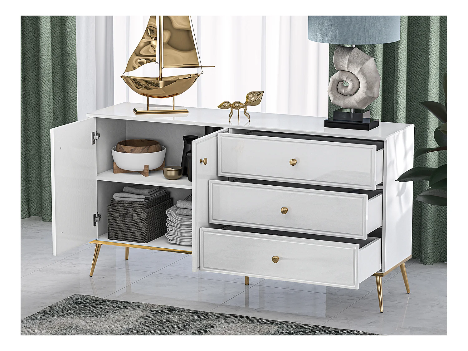 SIDEBOARD Goldin weiß / weiß hochglanz / gold 160 / 40 / 85cm