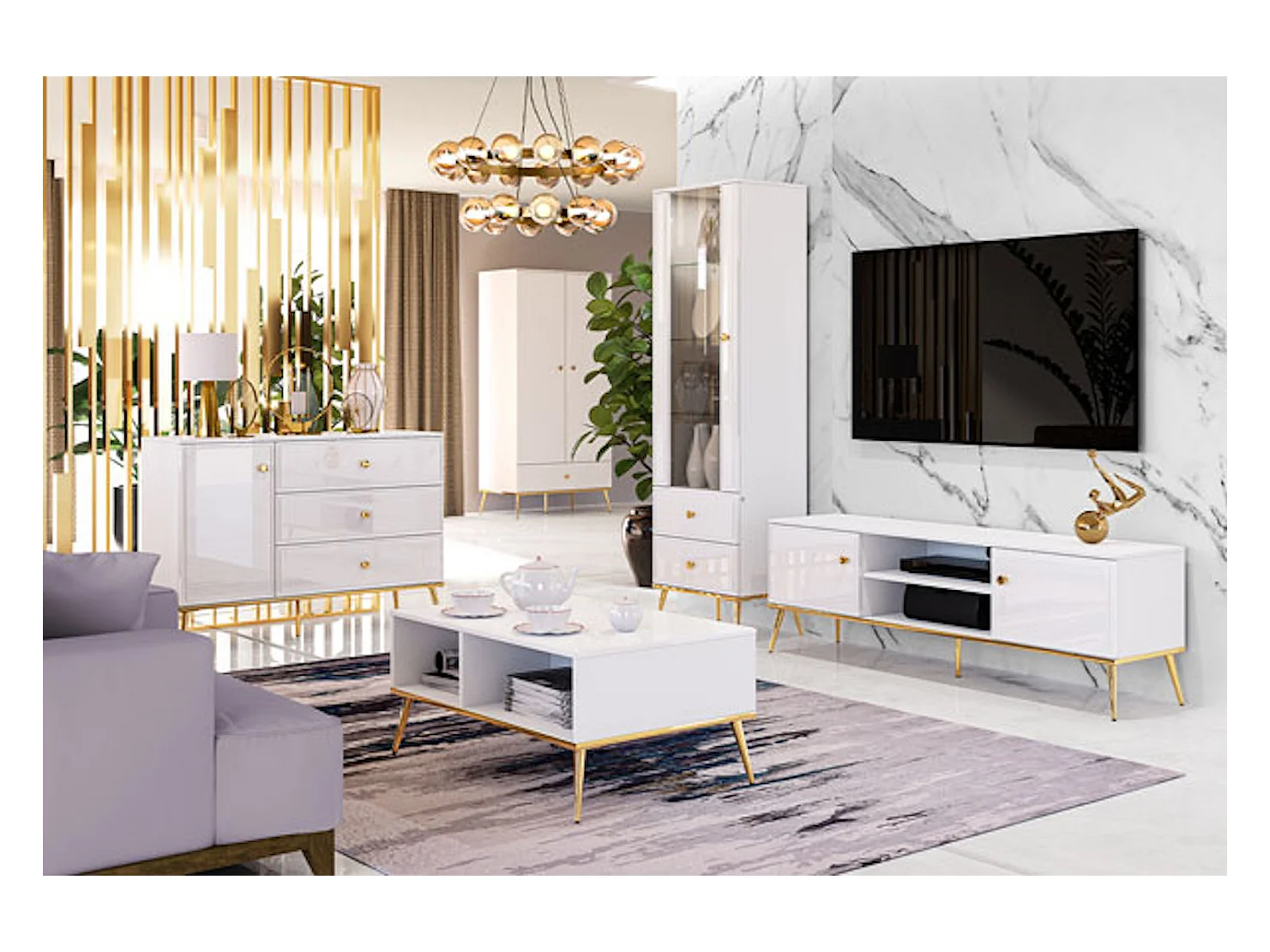 SIDEBOARD Goldin weiß / weiß hochglanz / gold 160 / 40 / 85cm