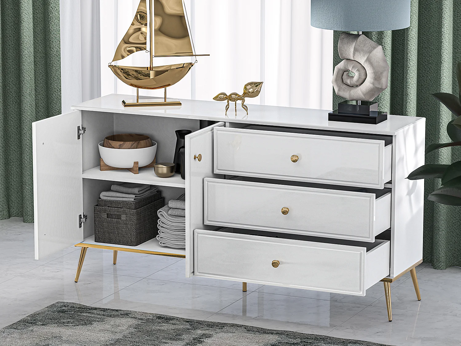 SIDEBOARD Goldin weiß / weiß hochglanz / gold 160 / 40 / 85cm