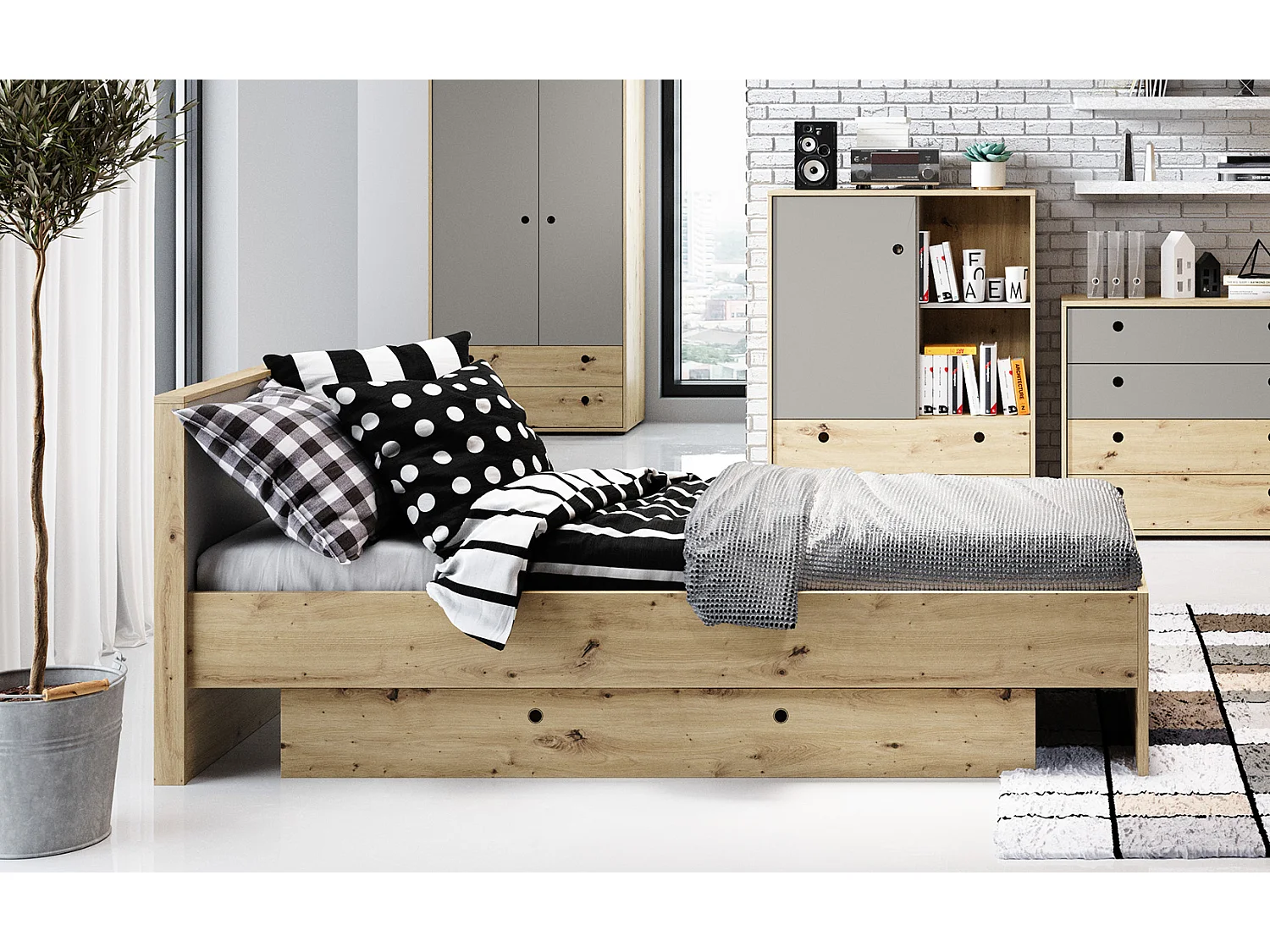 BETT Kuki Bernstein Eiche / Platingrau 99 / 204 / 86 cm