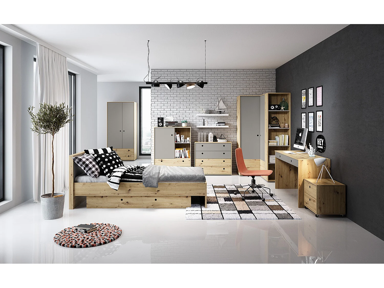 BETT Kuki Bernstein Eiche / Platingrau 99 / 204 / 86 cm