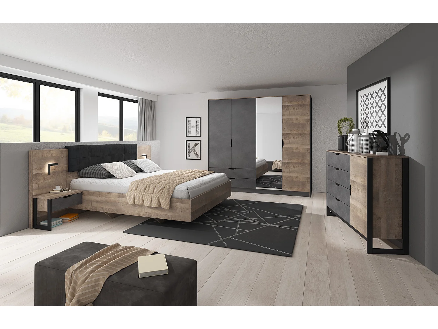 DOPPELBETT MIT NACHTKONSOLEN Arden Sand Grange Eiche / Matera / Schwarz 3-teilig