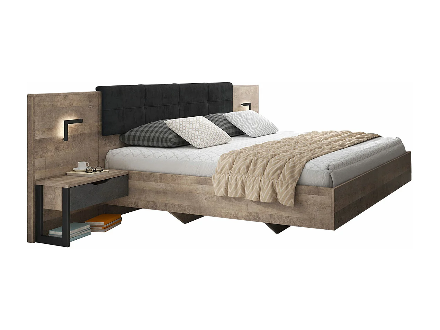 DOPPELBETT MIT NACHTKONSOLEN Arden Sand Grange Eiche / Matera / Schwarz 3-teilig