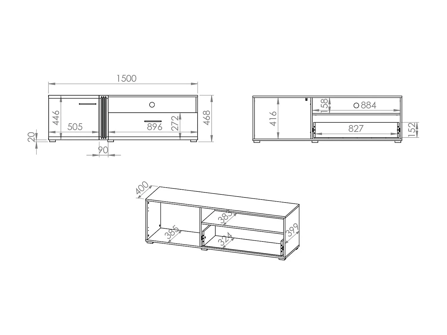 LOWBOARD Adagio weiß Hochglanz / Eiche castello 150 / 42 / 47cm