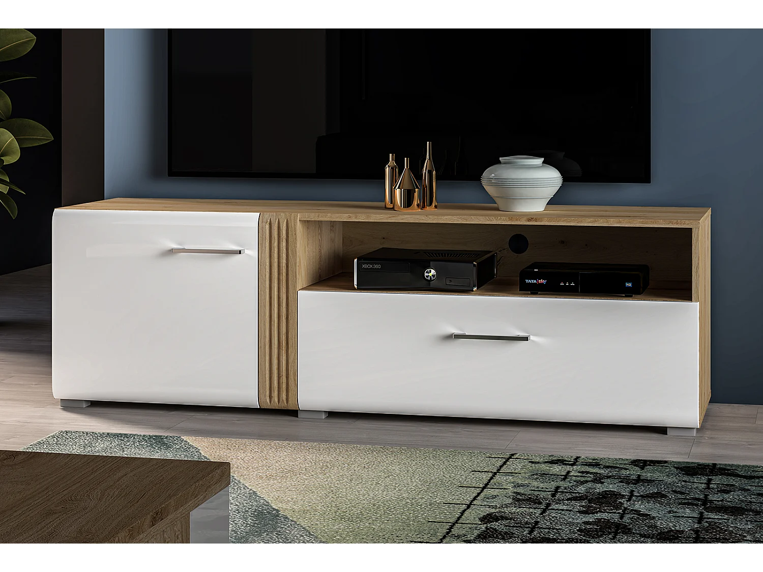 LOWBOARD Adagio weiß Hochglanz / Eiche castello 150 / 42 / 47cm