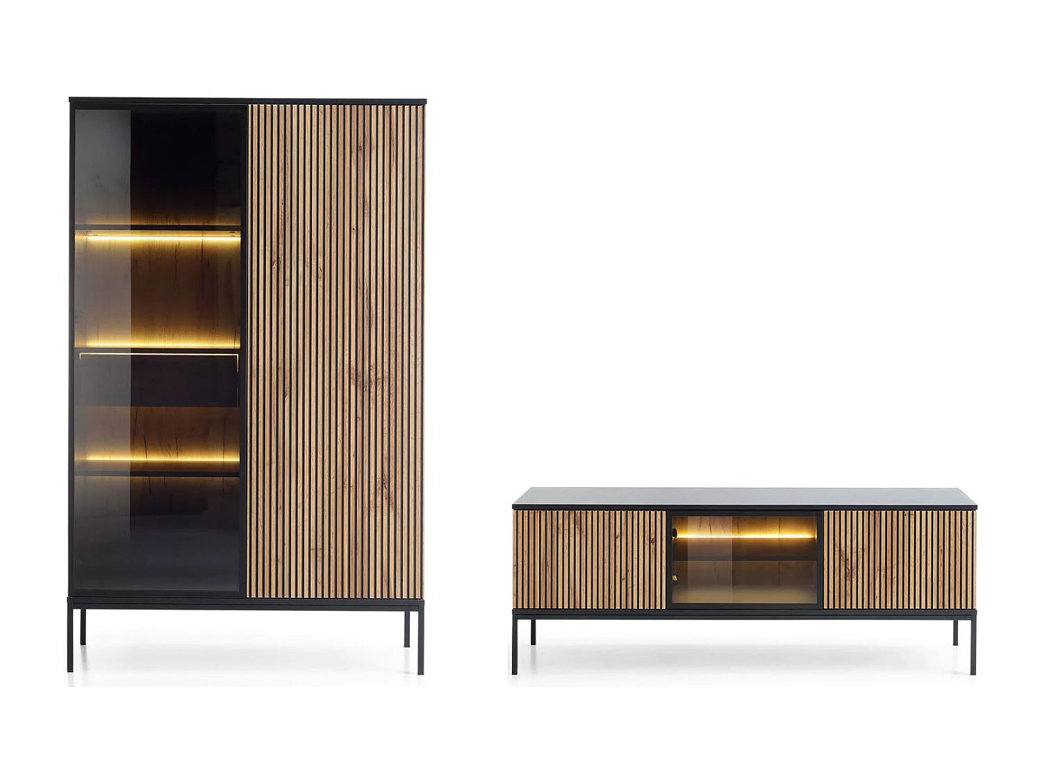 WOHNZIMMER-SET Sento schwarz / Wotan Eiche 258 / 39 / 166cm