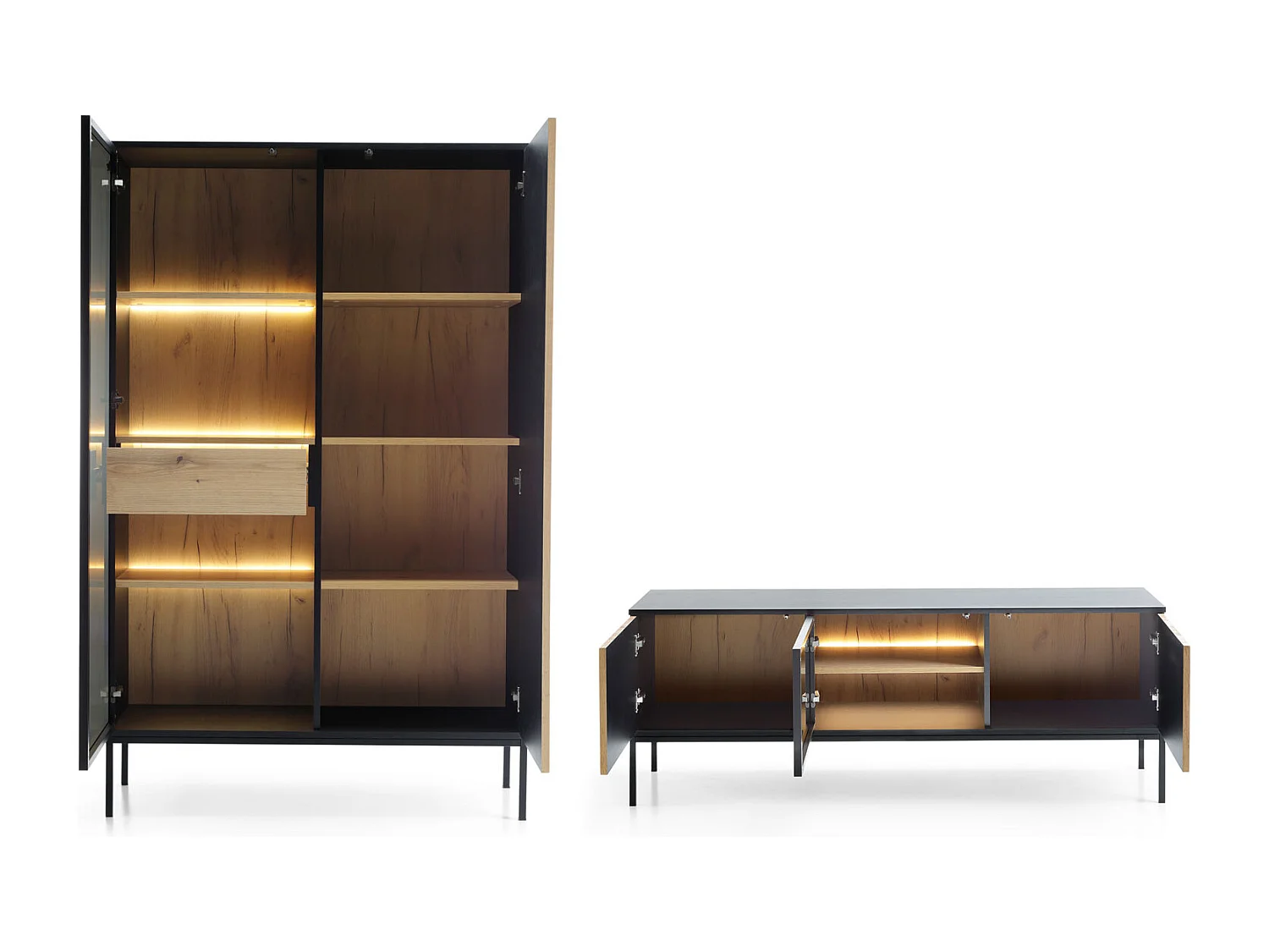 WOHNZIMMER-SET Sento schwarz / Wotan Eiche 258 / 39 / 166cm