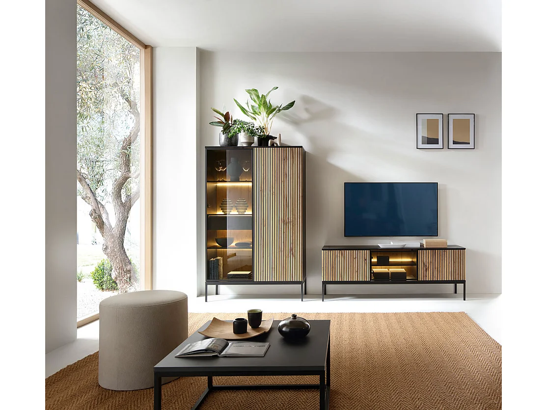 WOHNZIMMER-SET Sento schwarz / Wotan Eiche 258 / 39 / 166cm