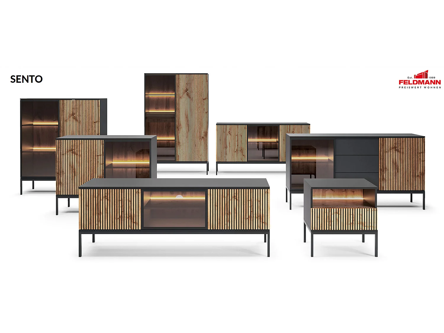 WOHNZIMMER-SET Sento schwarz / Wotan Eiche 258 / 39 / 166cm