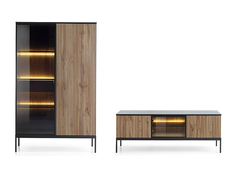 WOHNZIMMER-SET Sento schwarz / Wotan Eiche 258 / 39 / 166cm