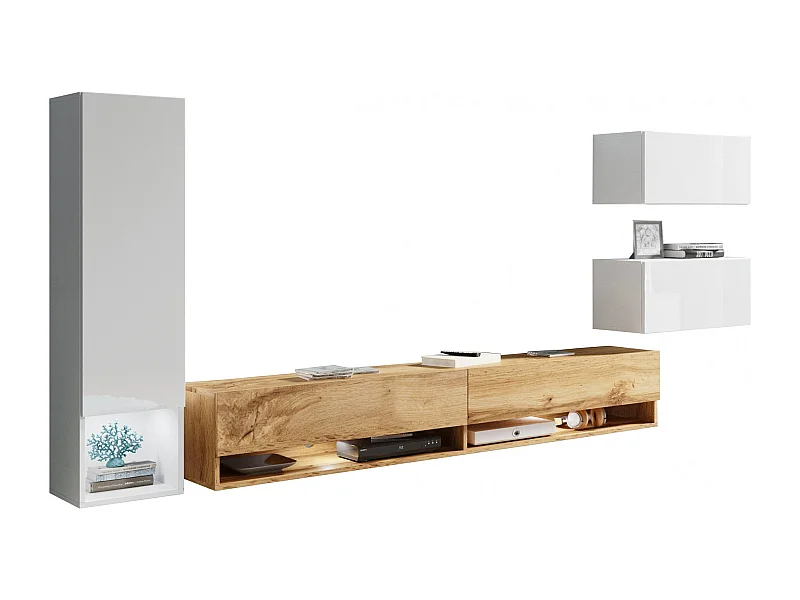 WOHNWAND Amy weiß / weiß Hochglanz / Eiche Wotan 4-teilig