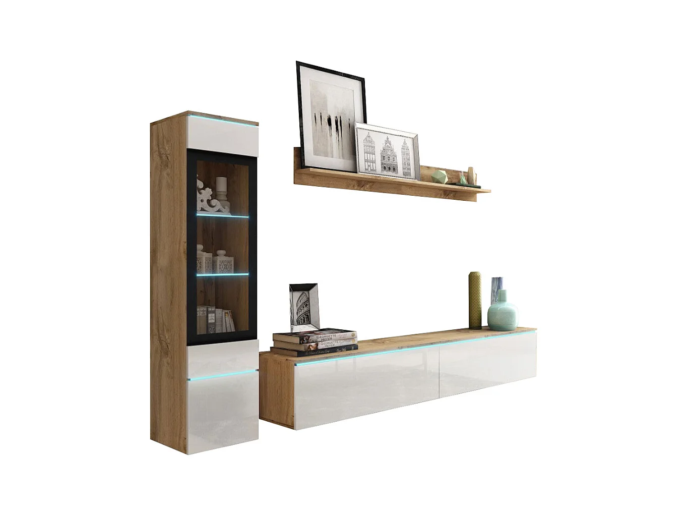 WOHNWAND Vera Eiche Wotan / weiß Hochglanz 3-teilig
