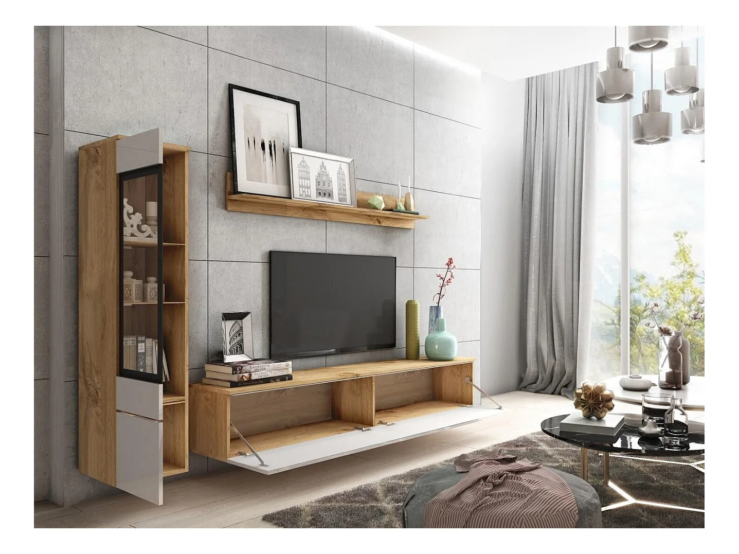 WOHNWAND Vera Eiche Wotan / weiß Hochglanz 3-teilig