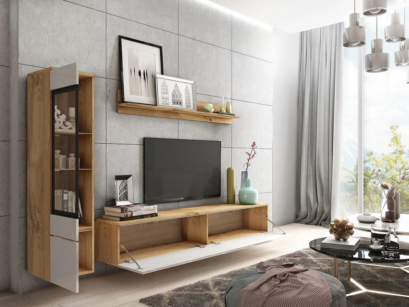 WOHNWAND Vera Eiche Wotan / weiß Hochglanz 3-teilig