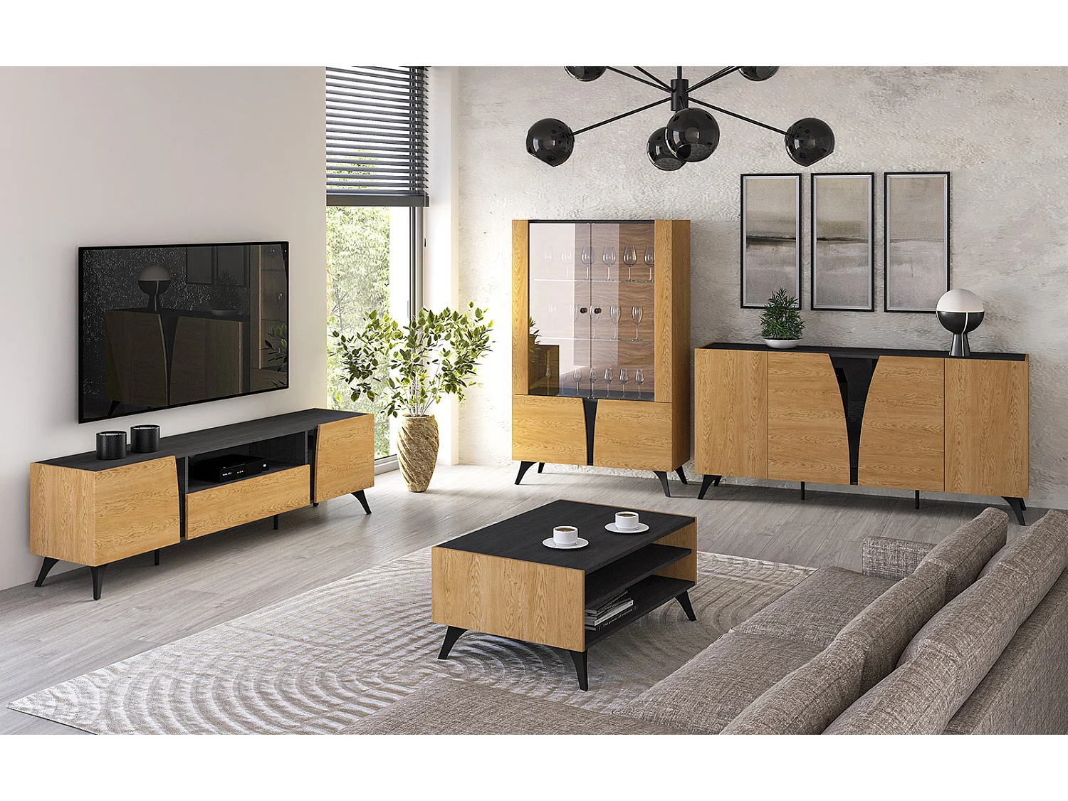 WOHNZIMMER-SET Toscania Eiche / Schwarz 2-teilig