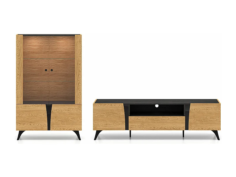 WOHNZIMMER-SET Toscania Eiche / Schwarz 2-teilig