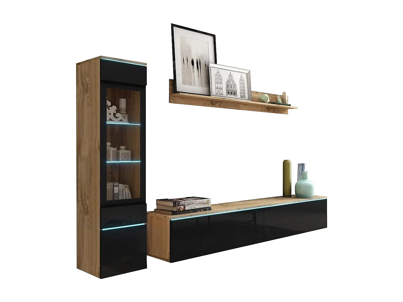 WOHNWAND Vera Eiche WOTAN / schwarz Hochglanz 3-teilig