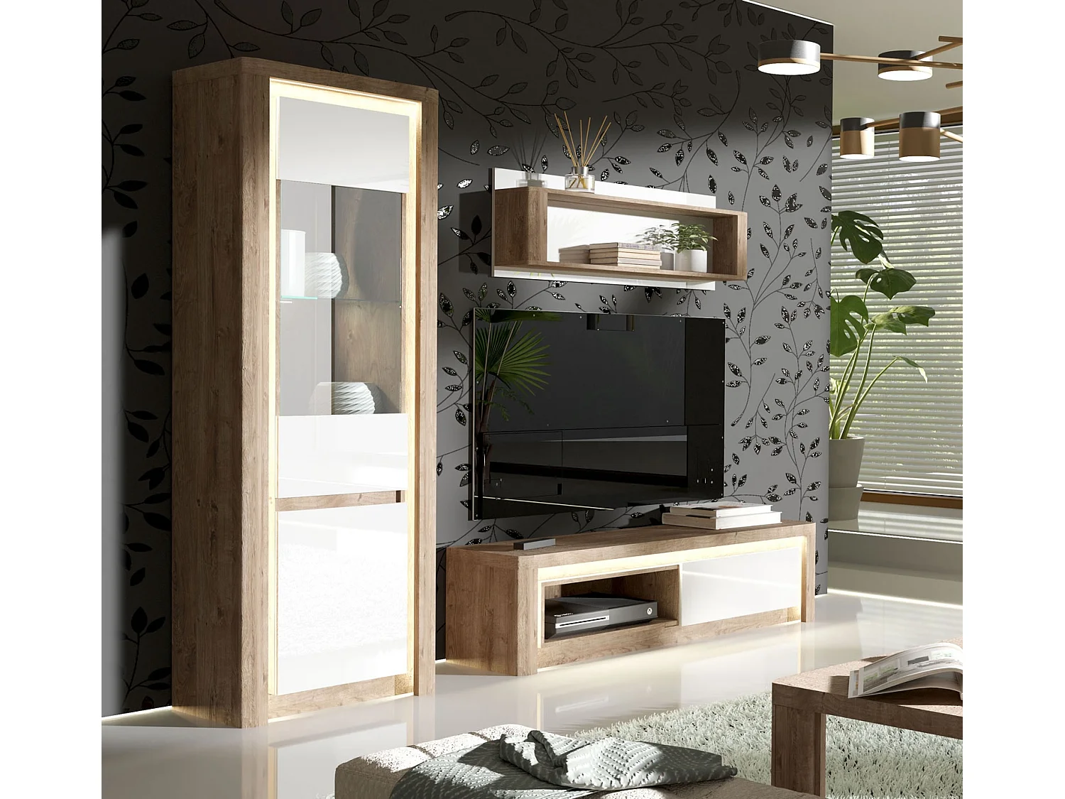 WOHNWAND Livinio Ribbeck Eiche weiß Hochglanz 352,5 / 40,5 / 197cm