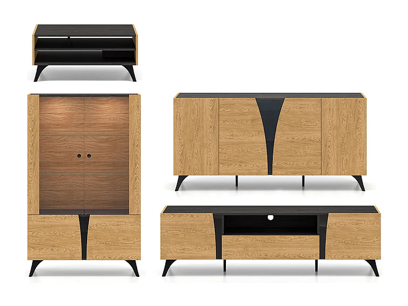 WOHNZIMMER-SET Toscania Eiche / Schwarz 4-teilig