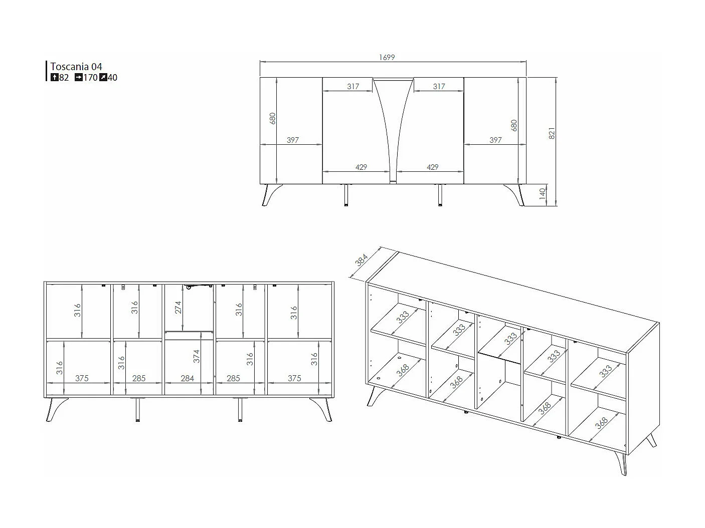 WOHNZIMMER-SET Toscania Eiche / Schwarz 4-teilig