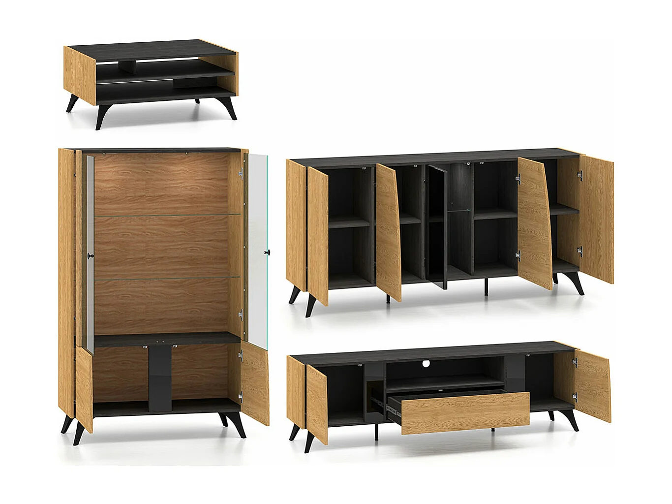 WOHNZIMMER-SET Toscania Eiche / Schwarz 4-teilig