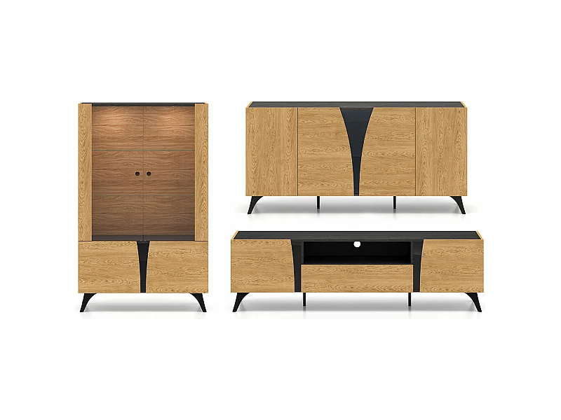 WOHNZIMMER-SET Toscania Eiche / Schwarz 3-teilig