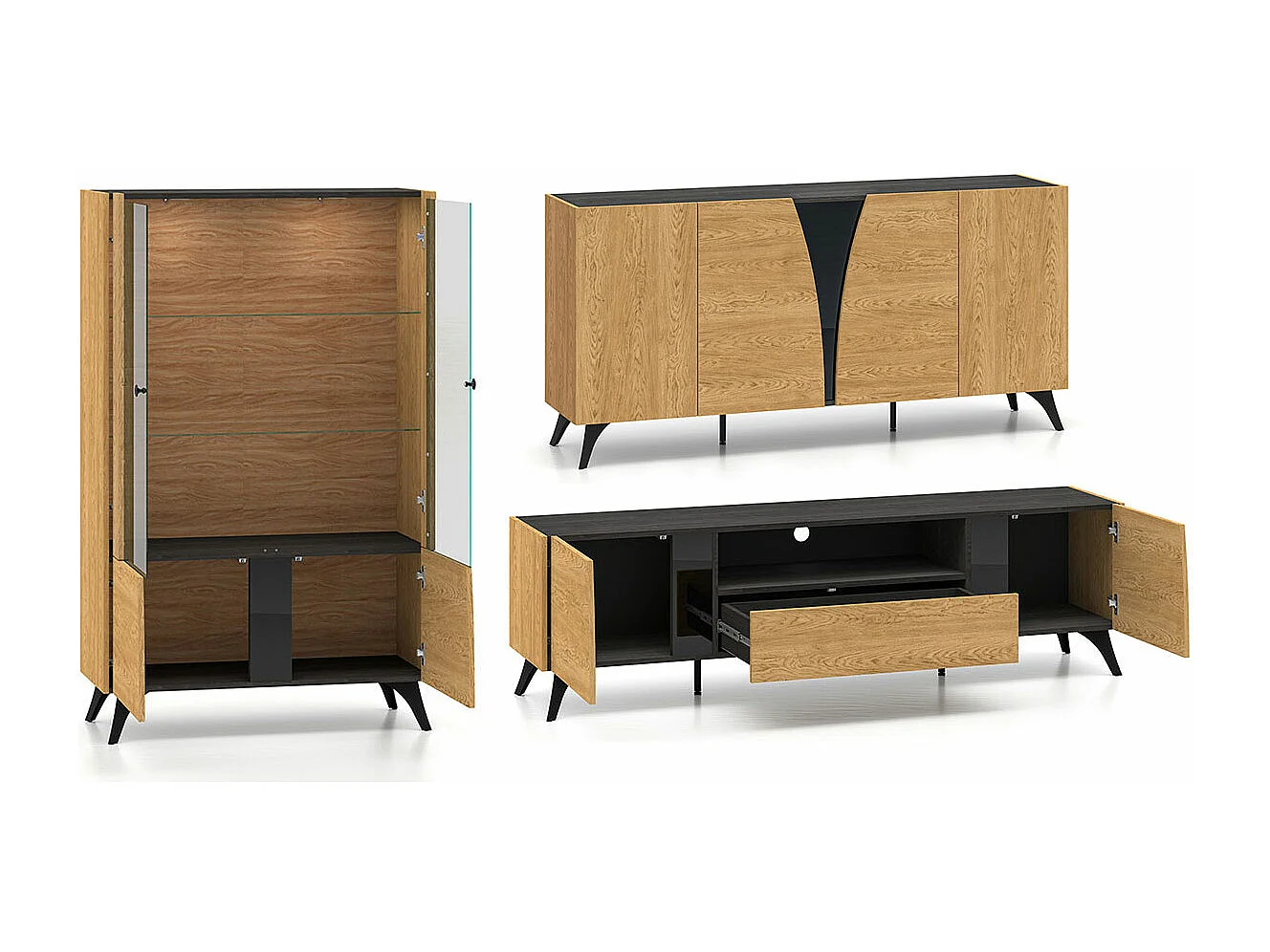 WOHNZIMMER-SET Toscania Eiche / Schwarz 3-teilig