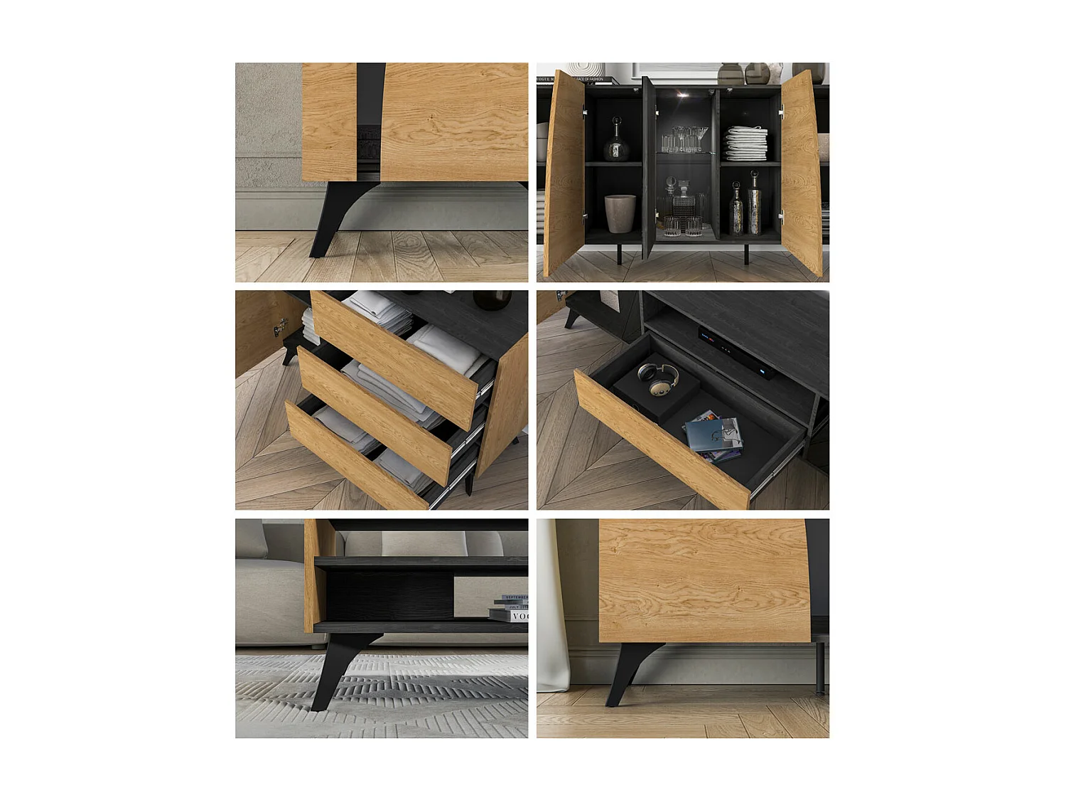 WOHNZIMMER-SET Toscania Eiche / Schwarz 3-teilig