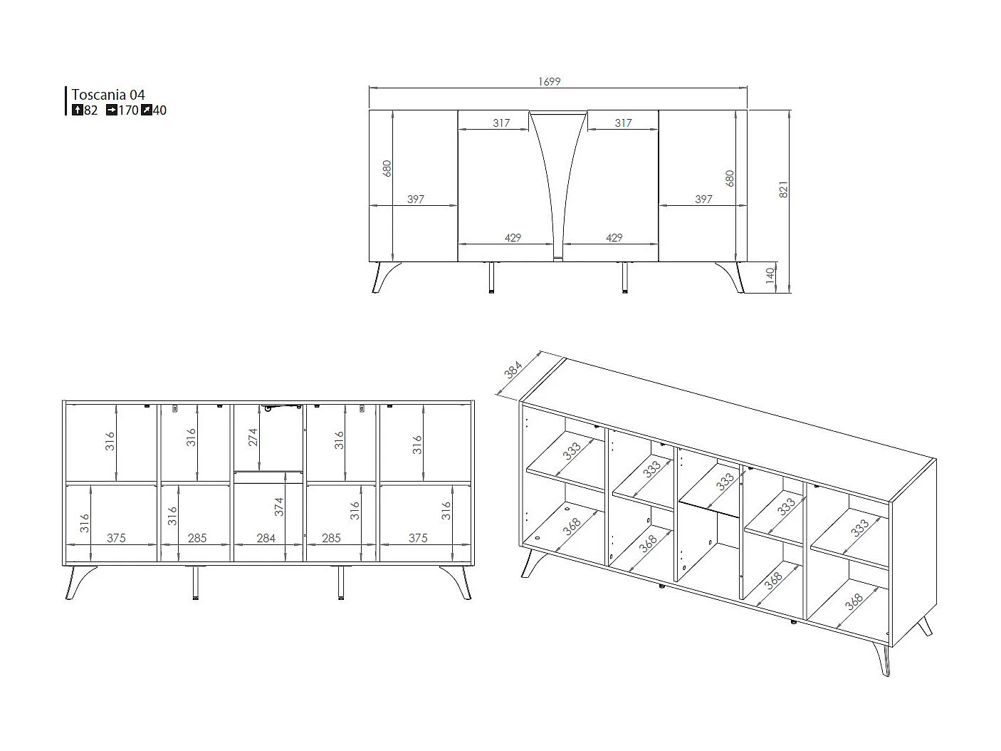 WOHNZIMMER-SET Toscania Eiche / Schwarz 3-teilig