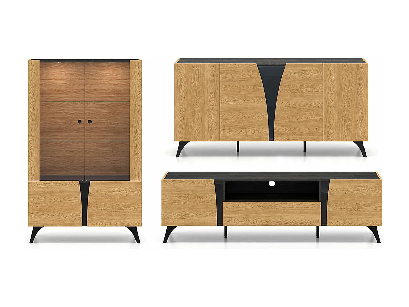 WOHNZIMMER-SET Toscania Eiche / Schwarz 3-teilig