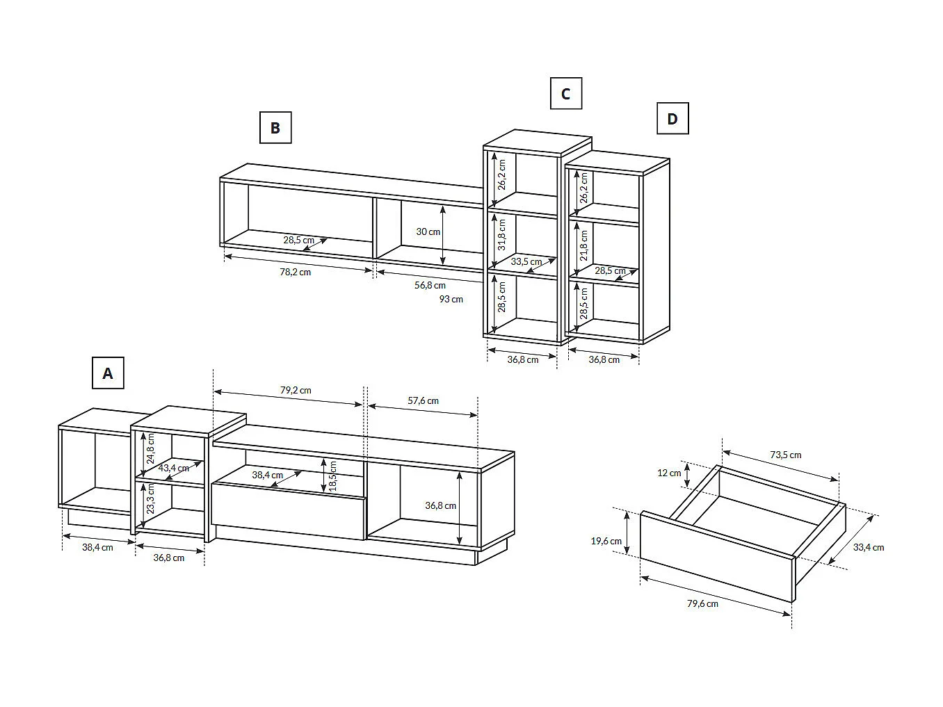 WOHNZIMMER-SET 3D weiß / Gold Craft Oak 220 cm / 45 cm / 93 cm 5-teilig
