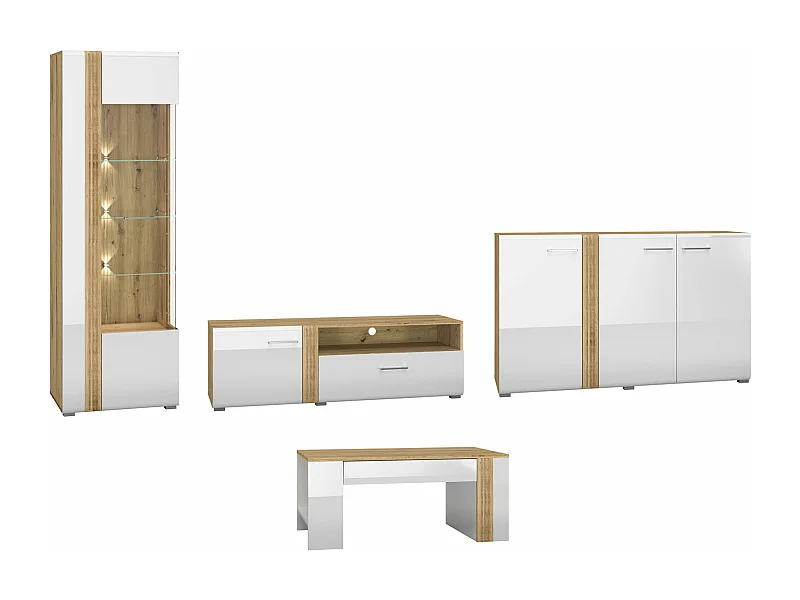WOHNZIMMER-SET Adagio weiß Hochglanz / Eiche castello 4-teilig