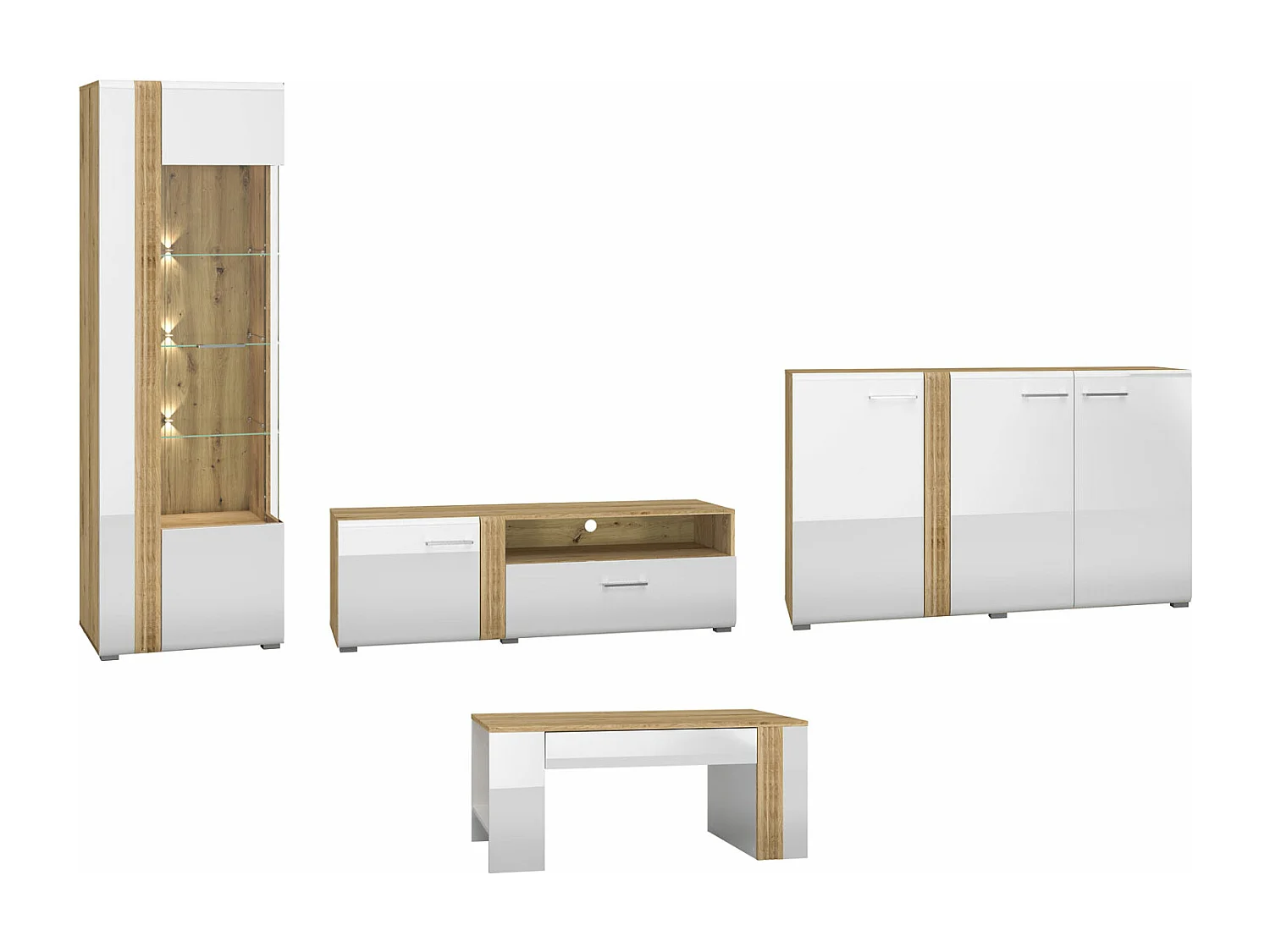 WOHNZIMMER-SET Adagio weiß Hochglanz / Eiche castello 4-teilig