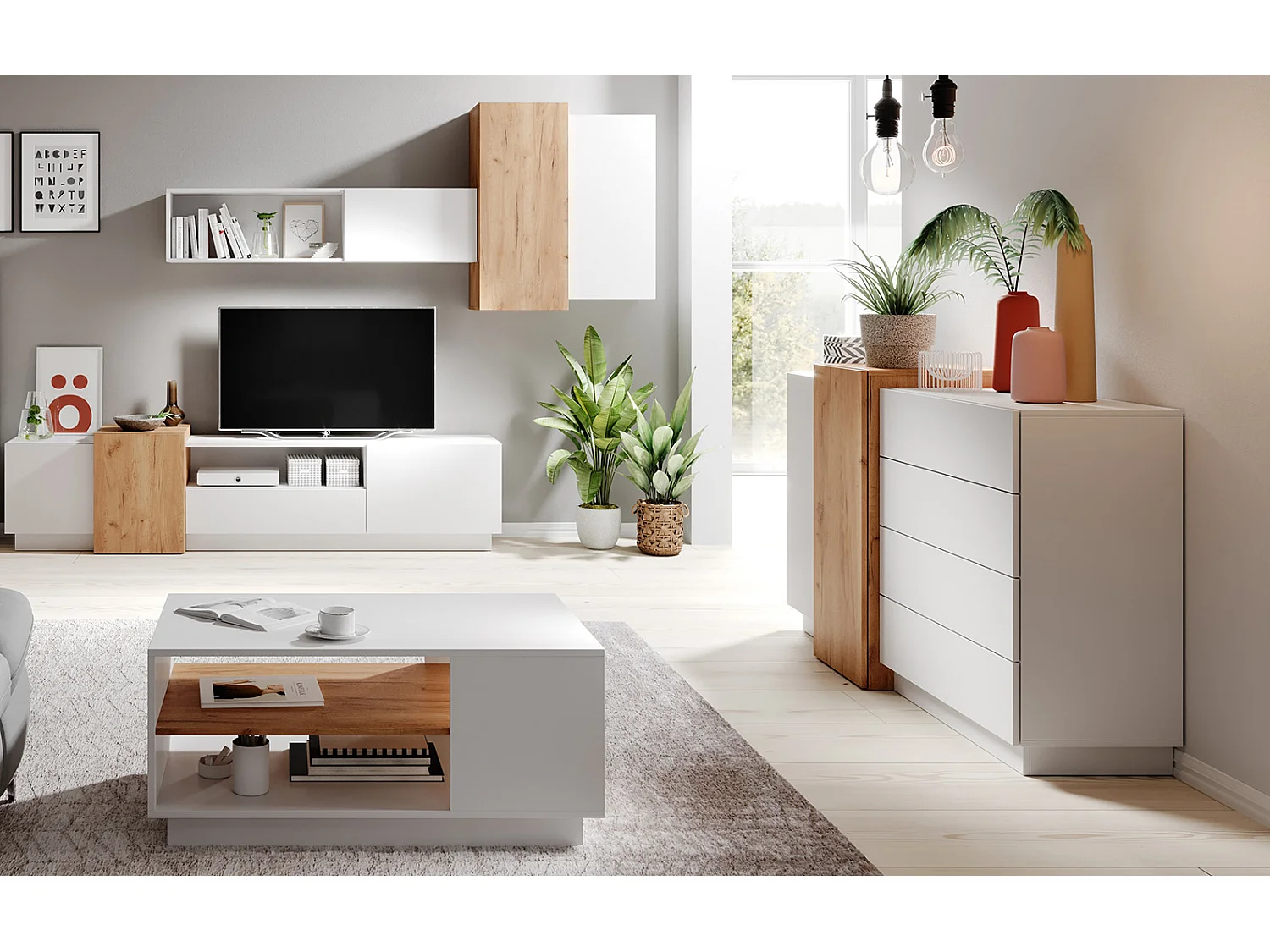 WOHNZIMMER-SET 3D weiß / Gold Craft Eiche 6-teilig