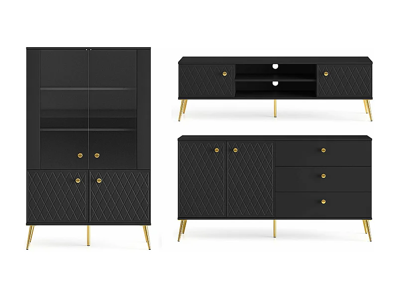 WOHNZIMMER-SET Eljot Schwarz Matt / Gold 3-teilig