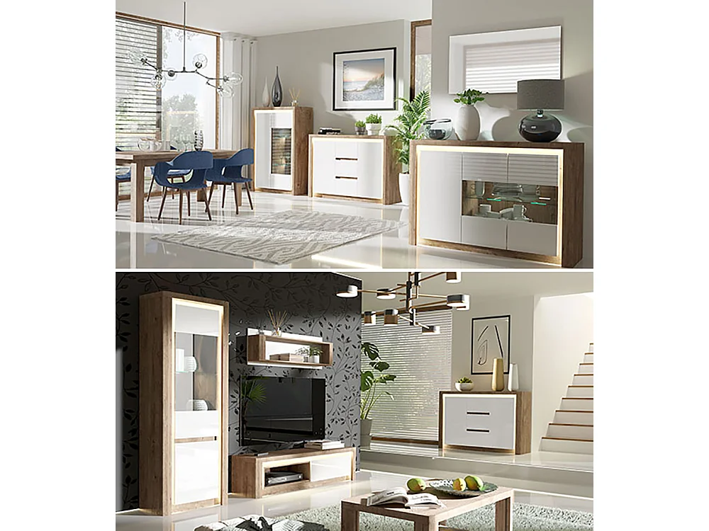 WOHNZIMMER-SET Livinio Ribbeck Eiche weiß Hochglanz 4-teilig