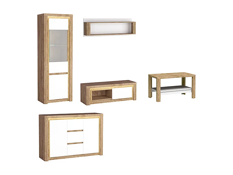 WOHNZIMMER-SET Livinio Ribbeck Eiche weiß Hochglanz 5-teilig