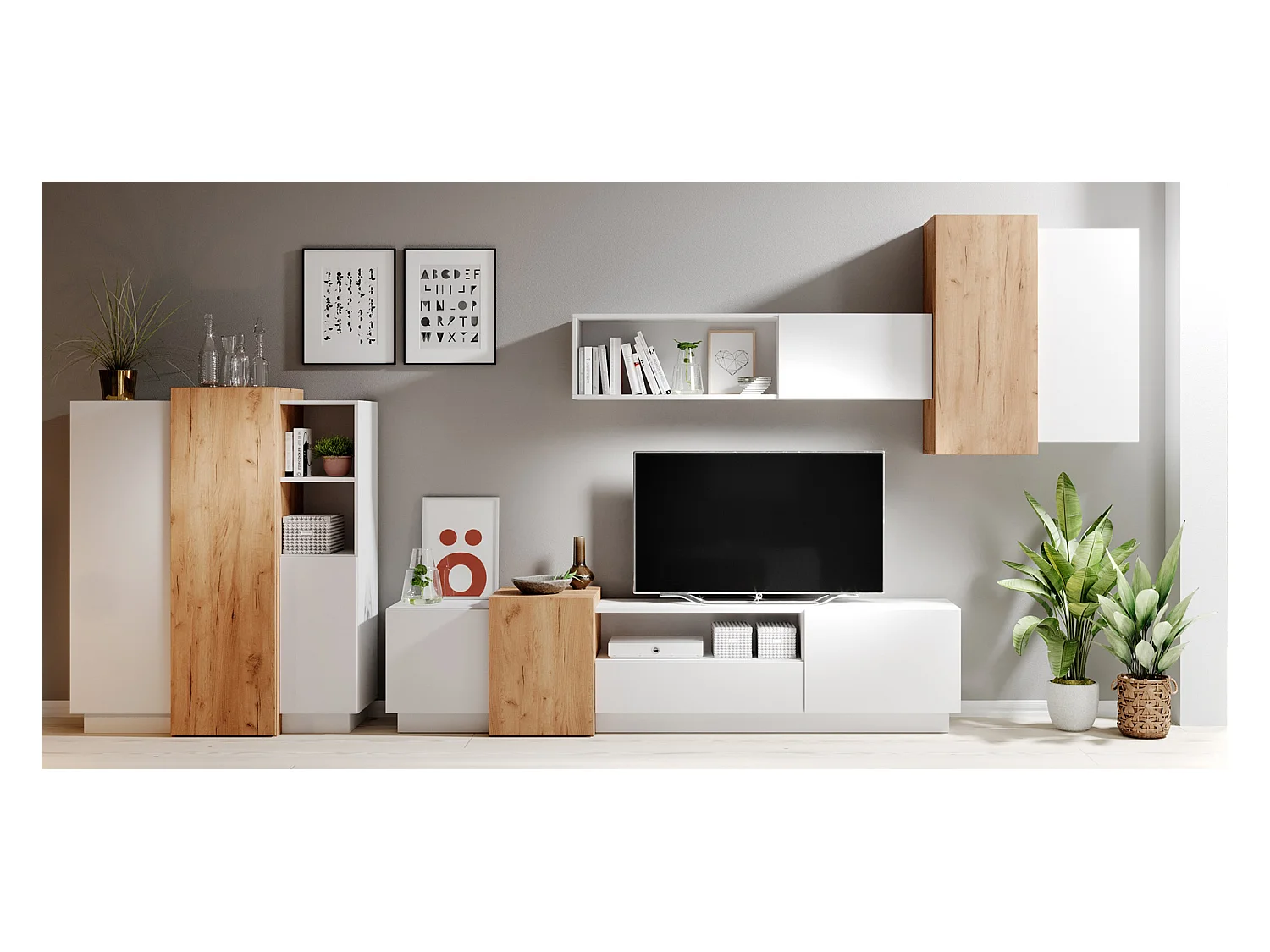 WOHNWAND 3D weiß / Gold Craft Eiche 5-teilig