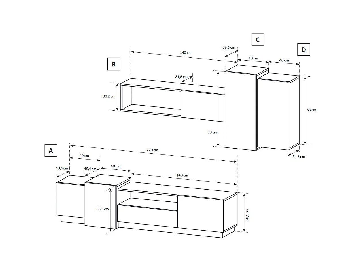 WOHNWAND 3D weiß / Gold Craft Eiche 5-teilig
